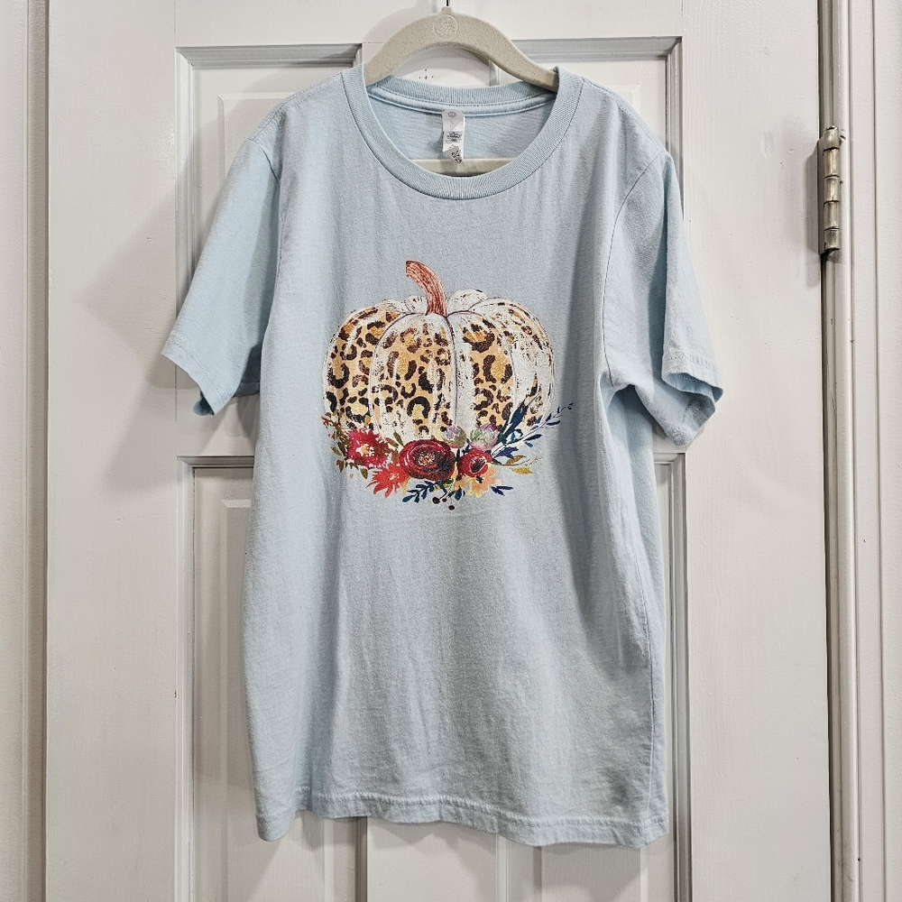 Leopard Print Pumpkin Floral T-Shirt Light Blue Next Level Kids Youth Medium (8)